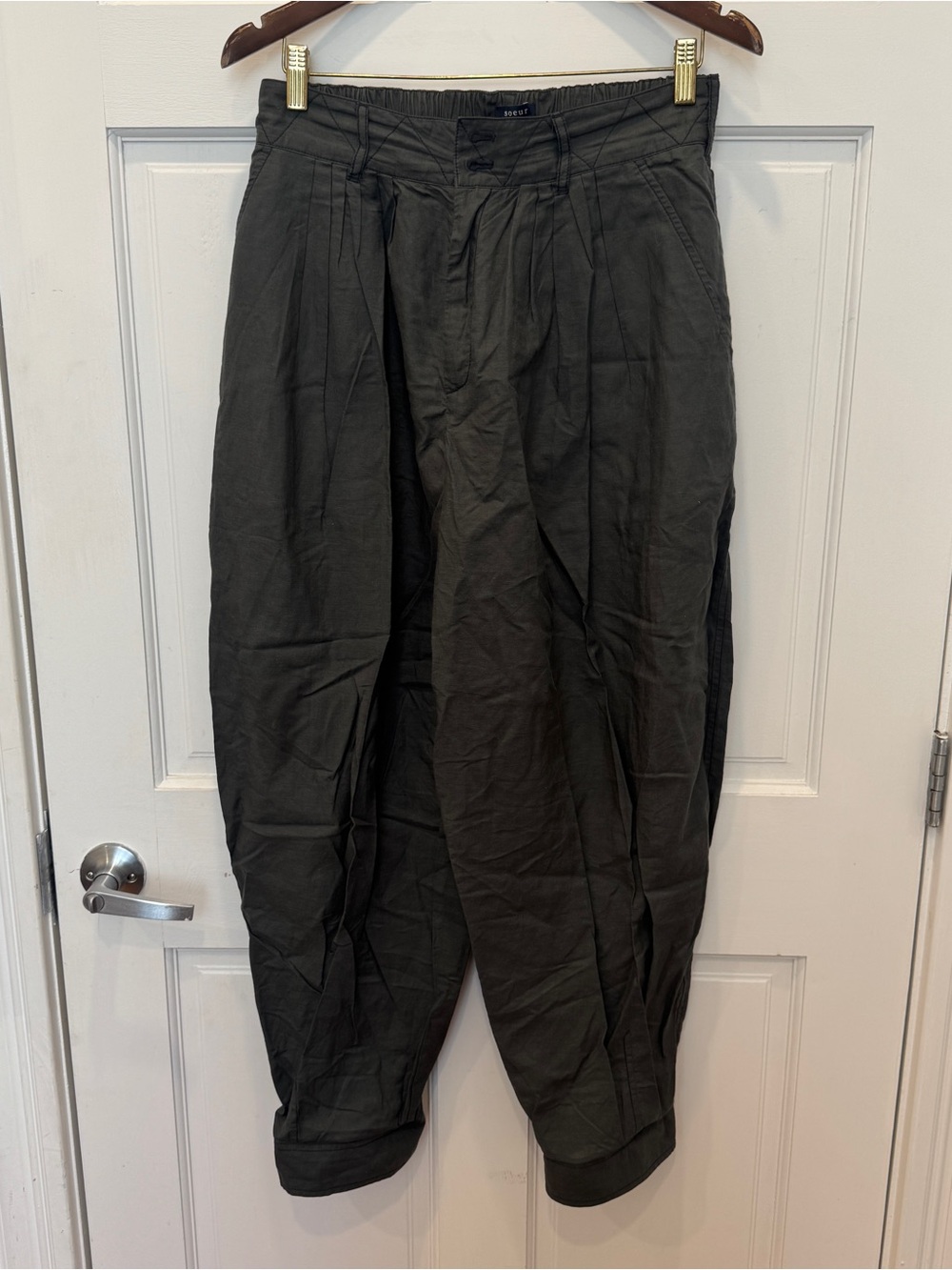 Soeur Tancrede Pants 40 US 8 Olive Green Pleated Barrel Tapered Parisian Linen